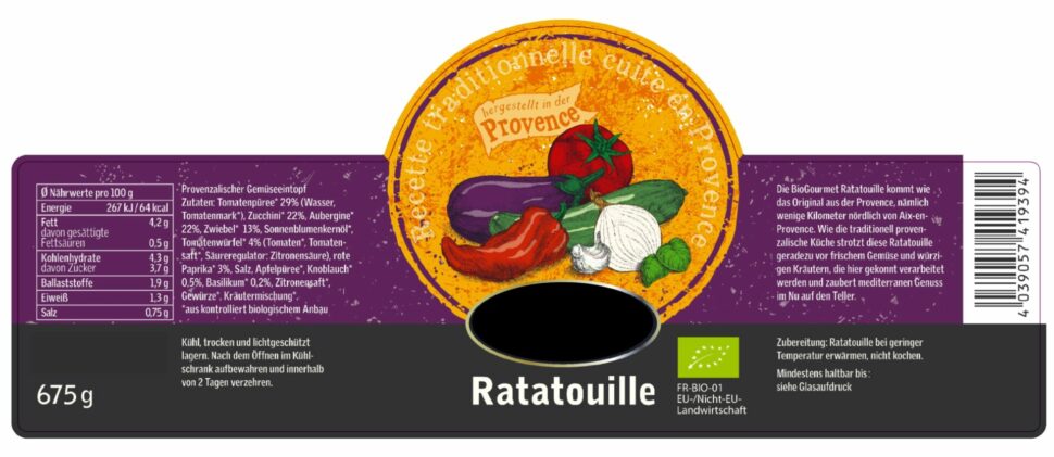 La véritable Ratatouille Provençale Bio exportée en GMS Allemande
